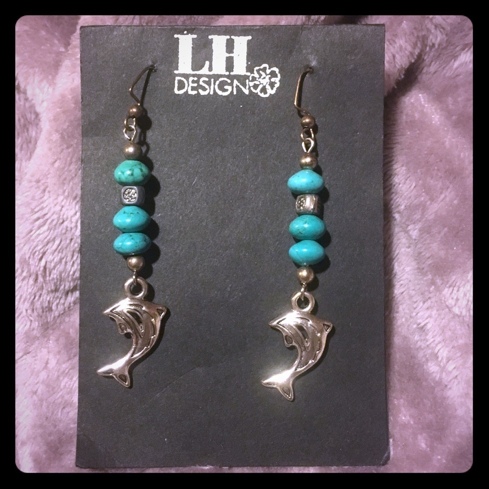 Turquoise Dolphin Drop Earrings Silver Tone Beaded Coastal Boho - Picture 2 of 4